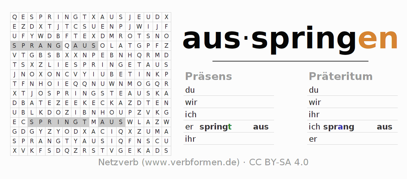 Wortsuchrätsel für die Konjugation des Verbs ausspringen (hat)