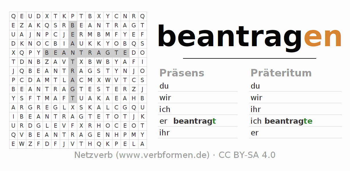 Wortsuchrätsel für die Konjugation des Verbs beantragen