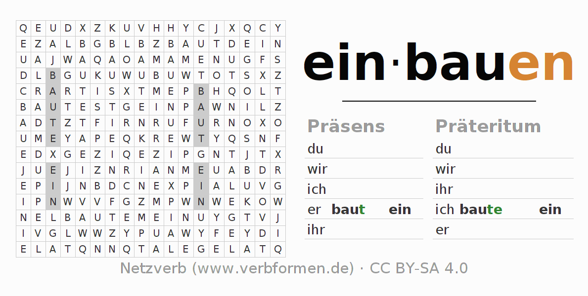 Wortsuchrätsel für die Konjugation des Verbs einbauen