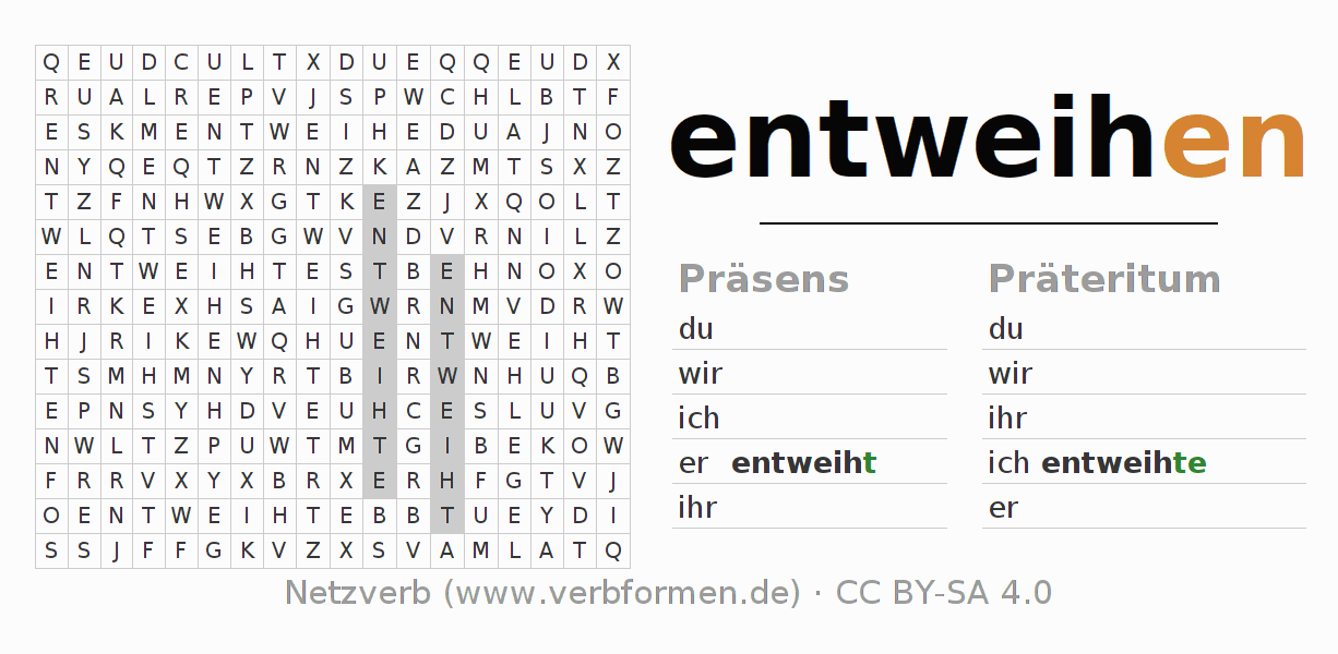 Wortsuchrätsel für die Konjugation des Verbs entweihen