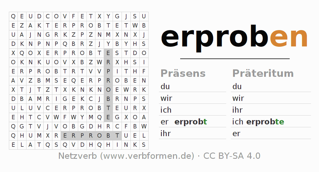 Wortsuchrätsel für die Konjugation des Verbs erproben