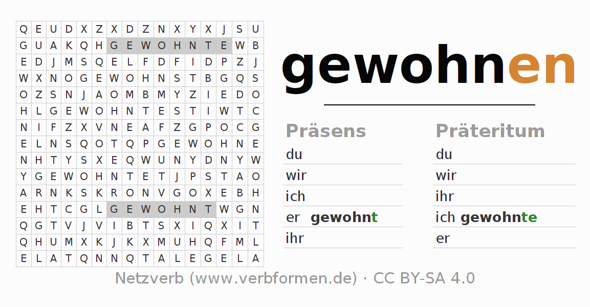 Wortsuchrätsel für die Konjugation des Verbs gewohnen