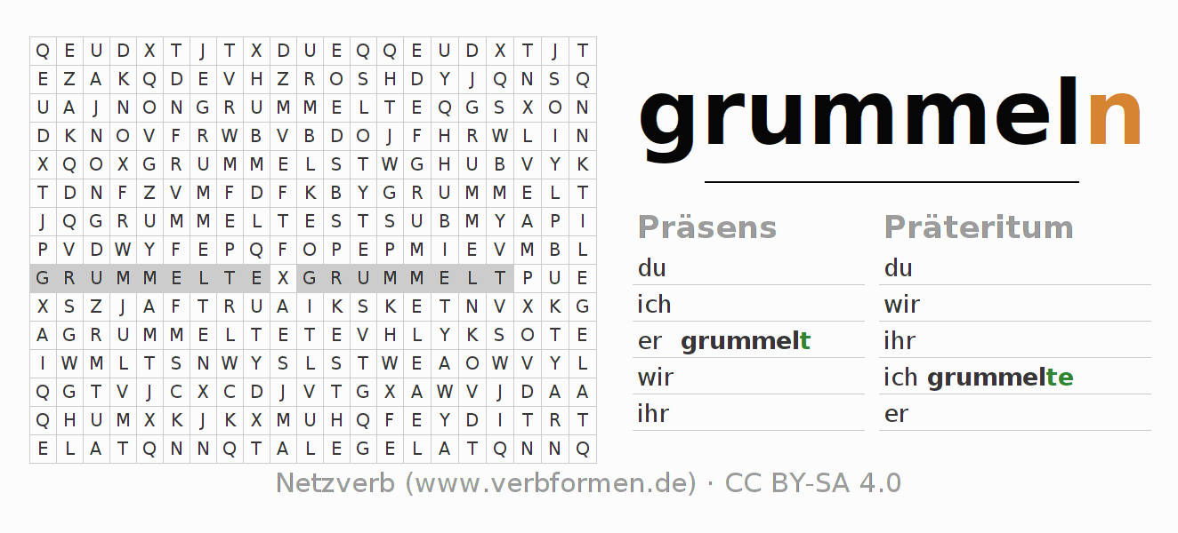 Wortsuchrätsel für die Konjugation des Verbs grummeln