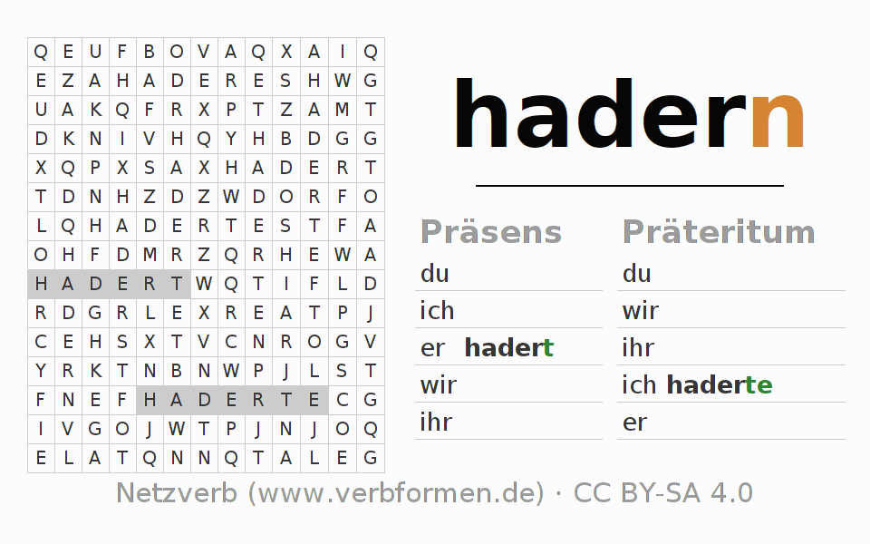 Wortsuchrätsel für die Konjugation des Verbs hadern