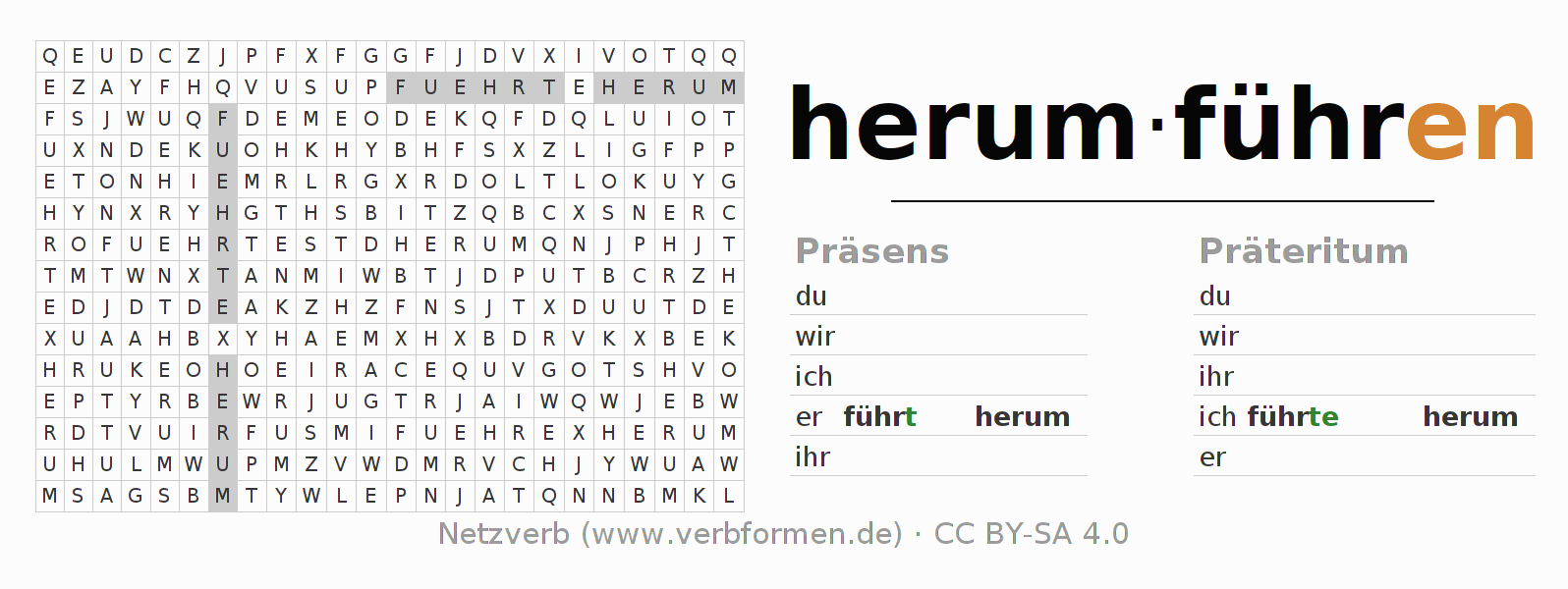 Wortsuchrätsel für die Konjugation des Verbs herumführen