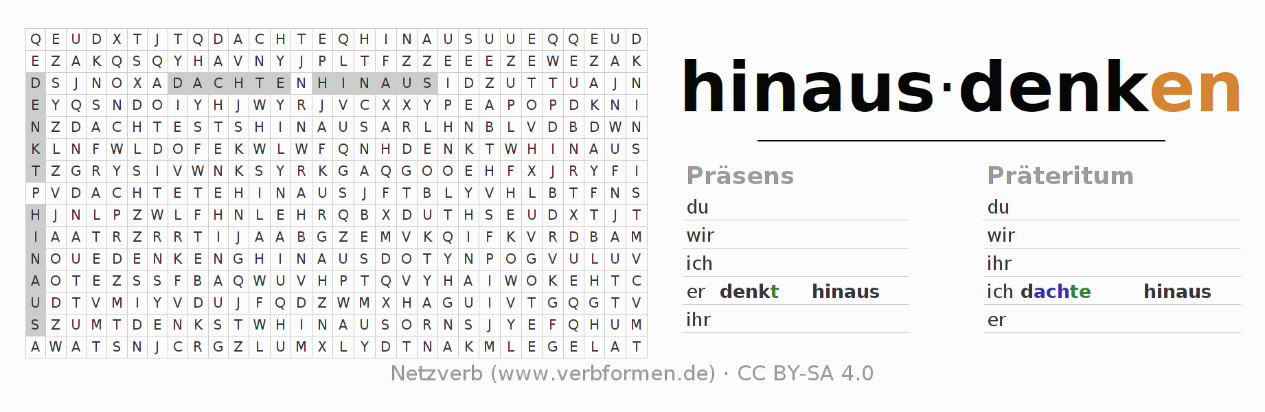 Wortsuchrätsel für die Konjugation des Verbs hinausdenken
