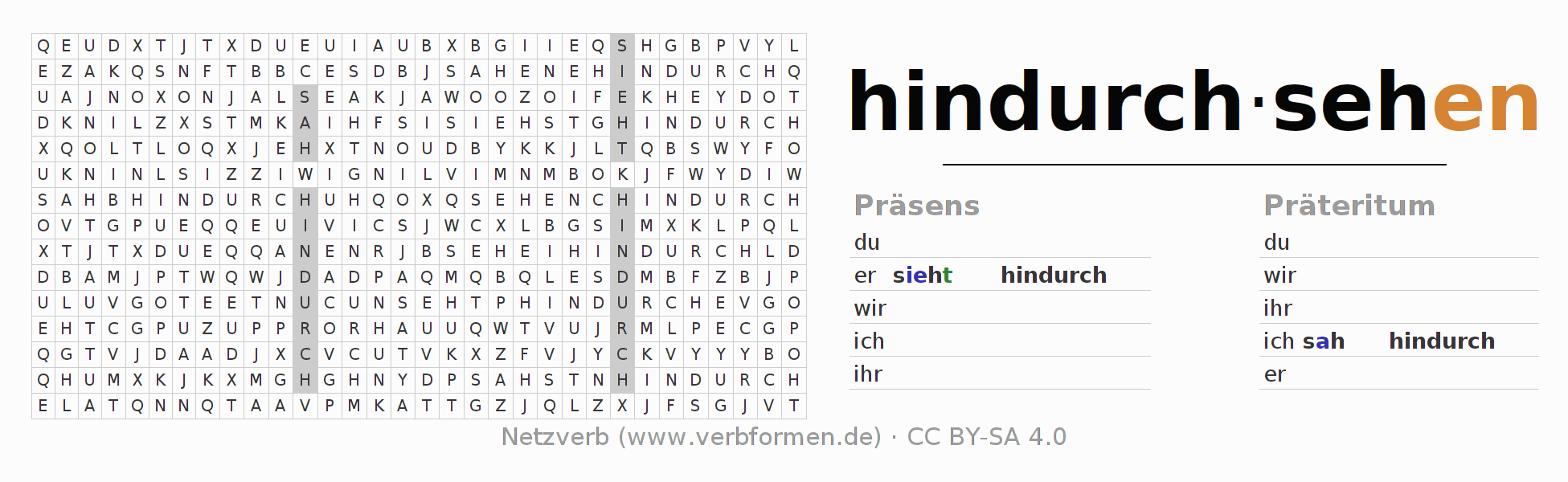 Wortsuchrätsel für die Konjugation des Verbs hindurchsehen
