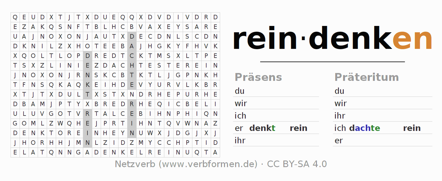 Wortsuchrätsel für die Konjugation des Verbs reindenken