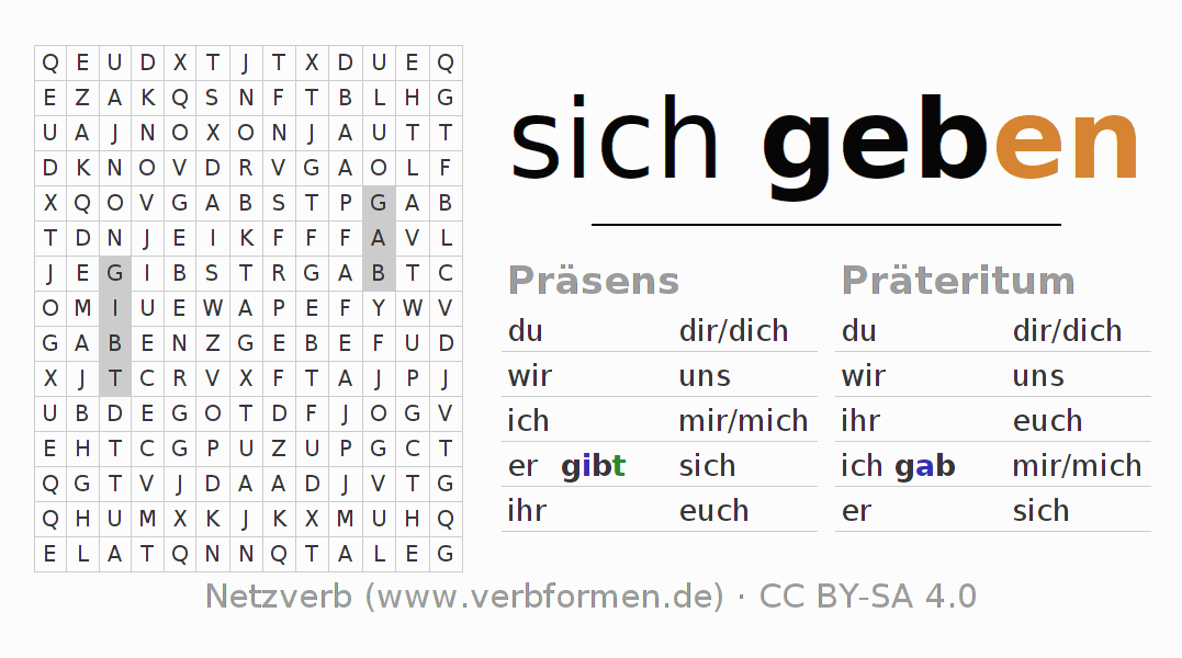 Wortsuchrätsel für die Konjugation des Verbs sich geben
