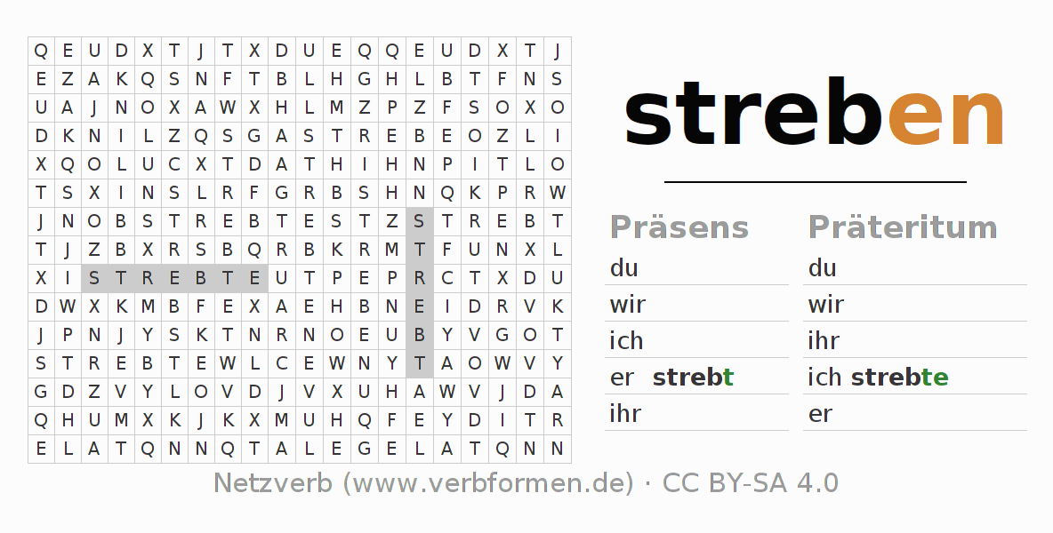 Wortsuchrätsel für die Konjugation des Verbs streben (hat)