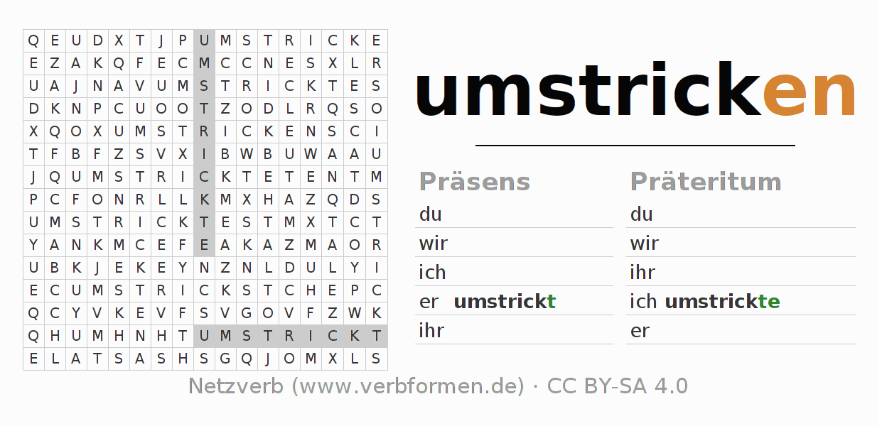 Wortsuchrätsel für die Konjugation des Verbs umstricken