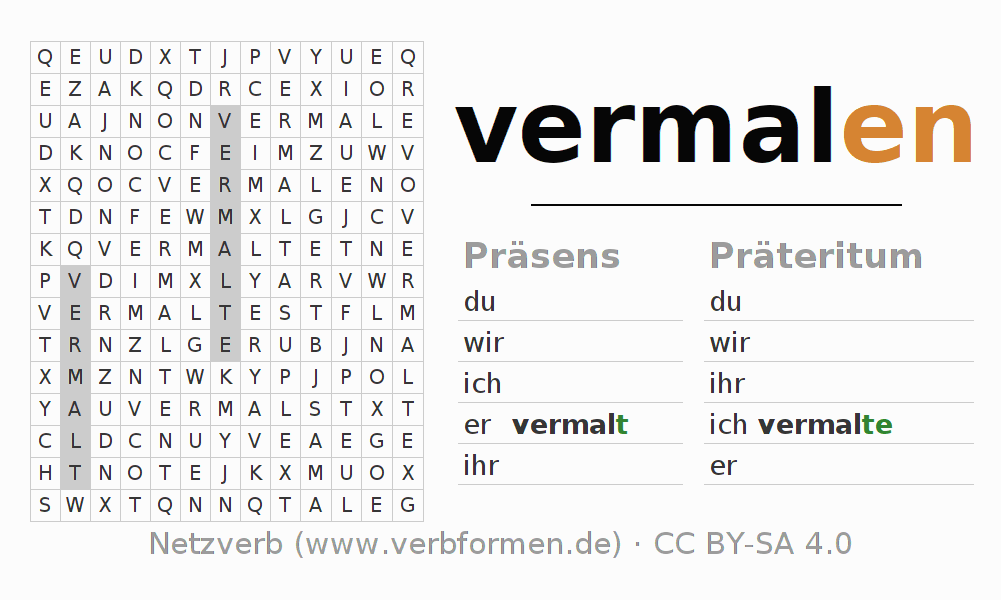 Wortsuchrätsel für die Konjugation des Verbs vermalen