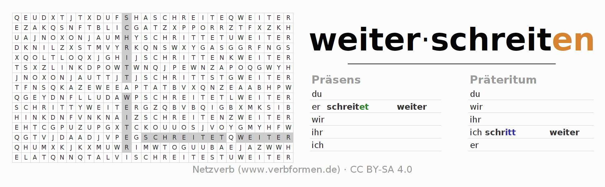 Wortsuchrätsel für die Konjugation des Verbs weiterschreiten