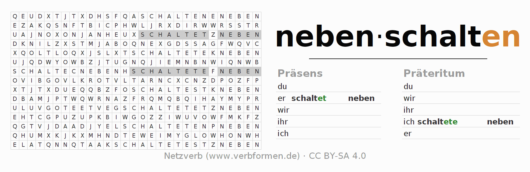 Wortsuchrätsel für die Konjugation des Verbs nebenschalten