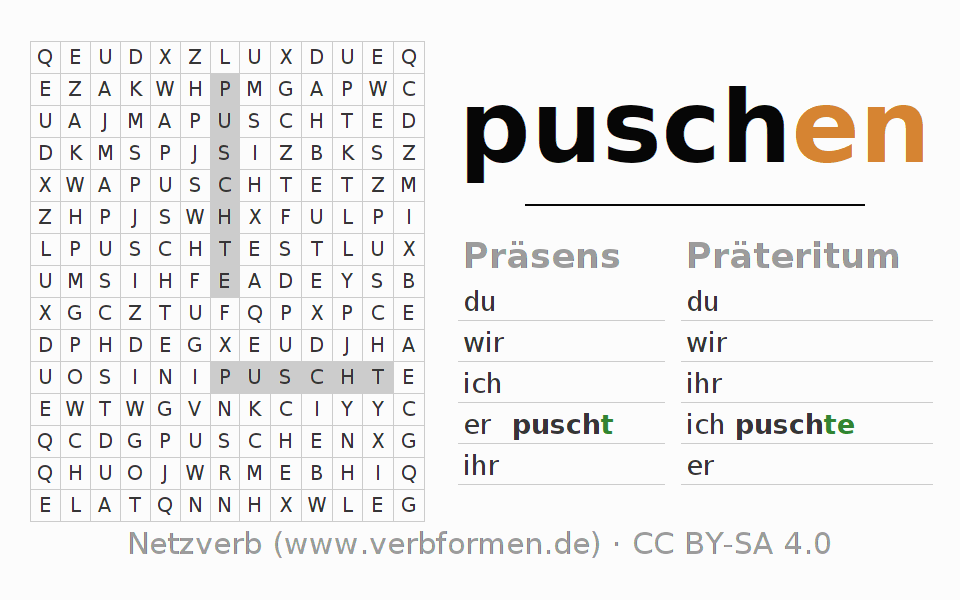 Wortsuchrätsel für die Konjugation des Verbs puschen