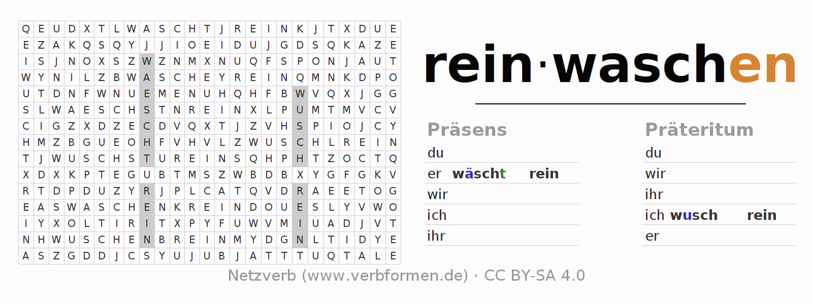 Wortsuchrätsel für die Konjugation des Verbs reinwaschen