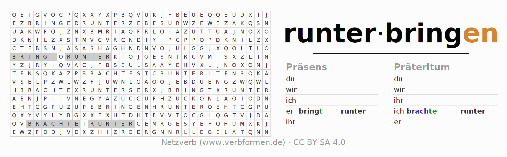 Wortsuchrätsel für die Konjugation des Verbs runterbringen