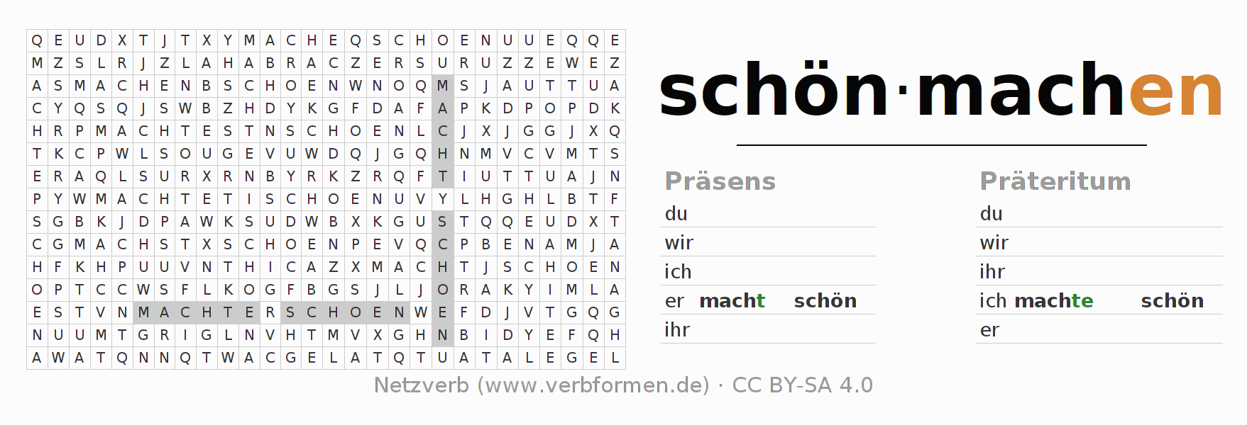 Wortsuchrätsel für die Konjugation des Verbs schönmachen