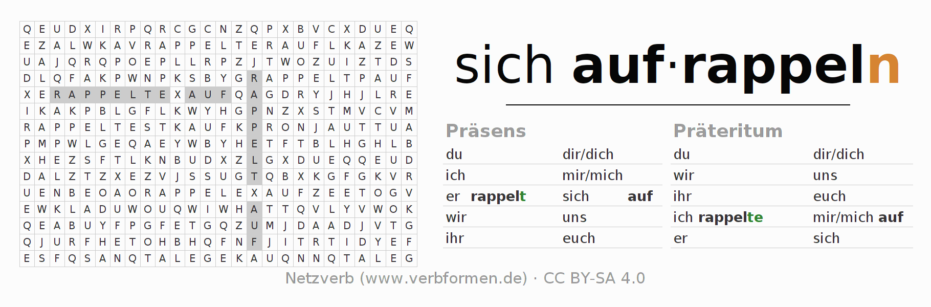 Wortsuchrätsel für die Konjugation des Verbs sich aufrappeln