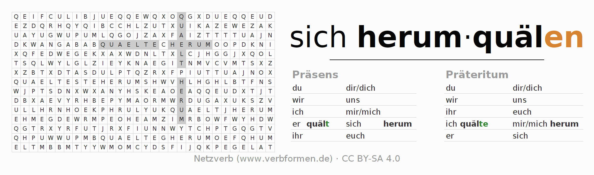 Wortsuchrätsel für die Konjugation des Verbs sich herumquälen