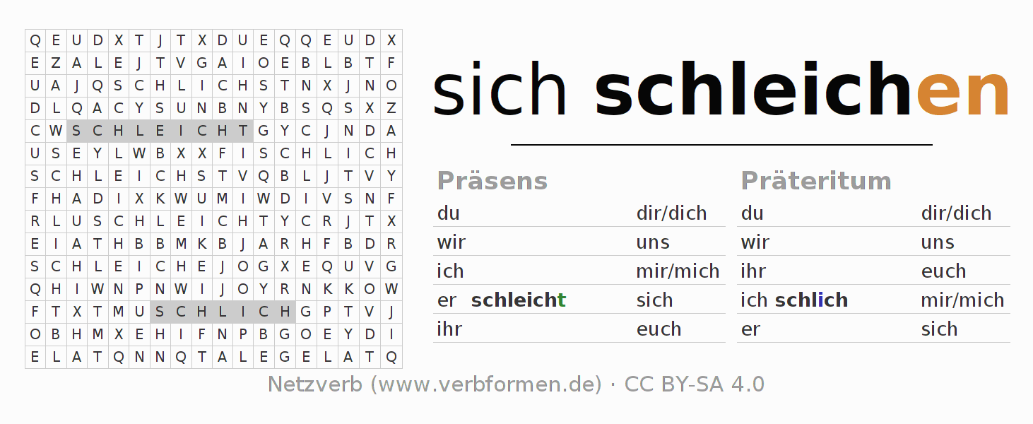 Wortsuchrätsel für die Konjugation des Verbs sich schleichen (hat)