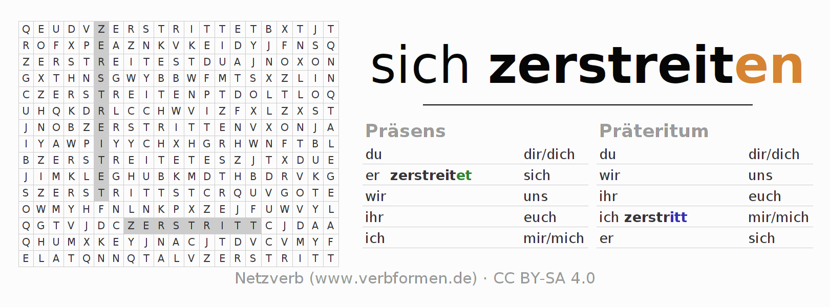 Wortsuchrätsel für die Konjugation des Verbs sich zerstreiten