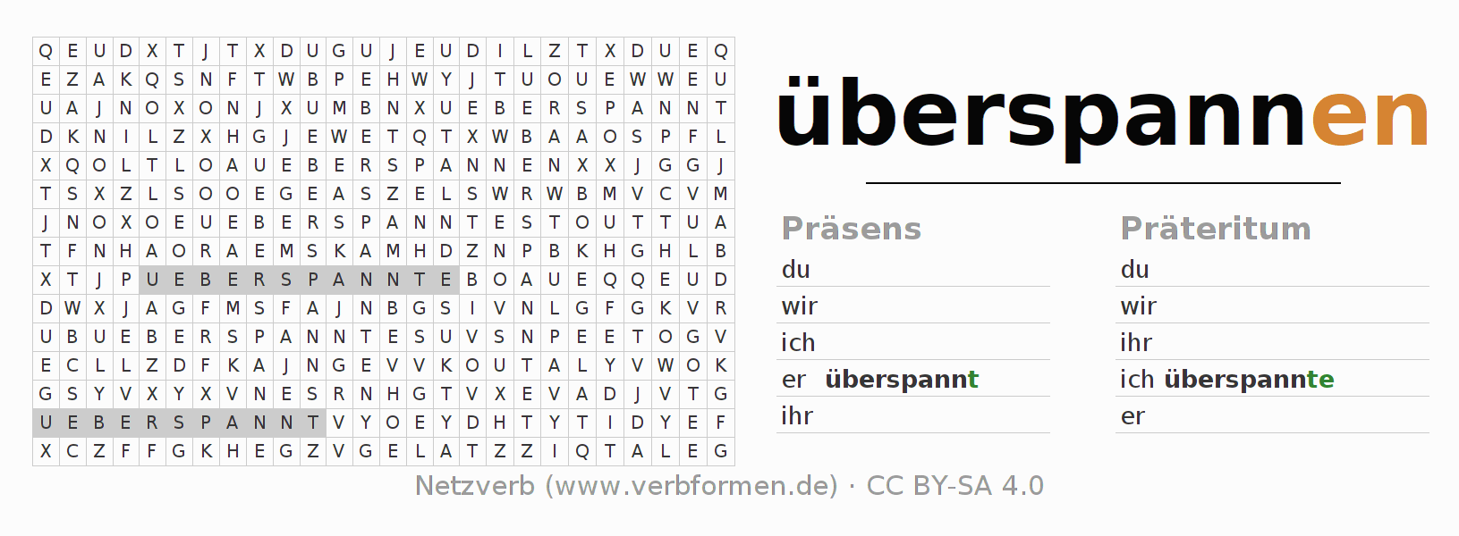 Wortsuchrätsel für die Konjugation des Verbs überspannen