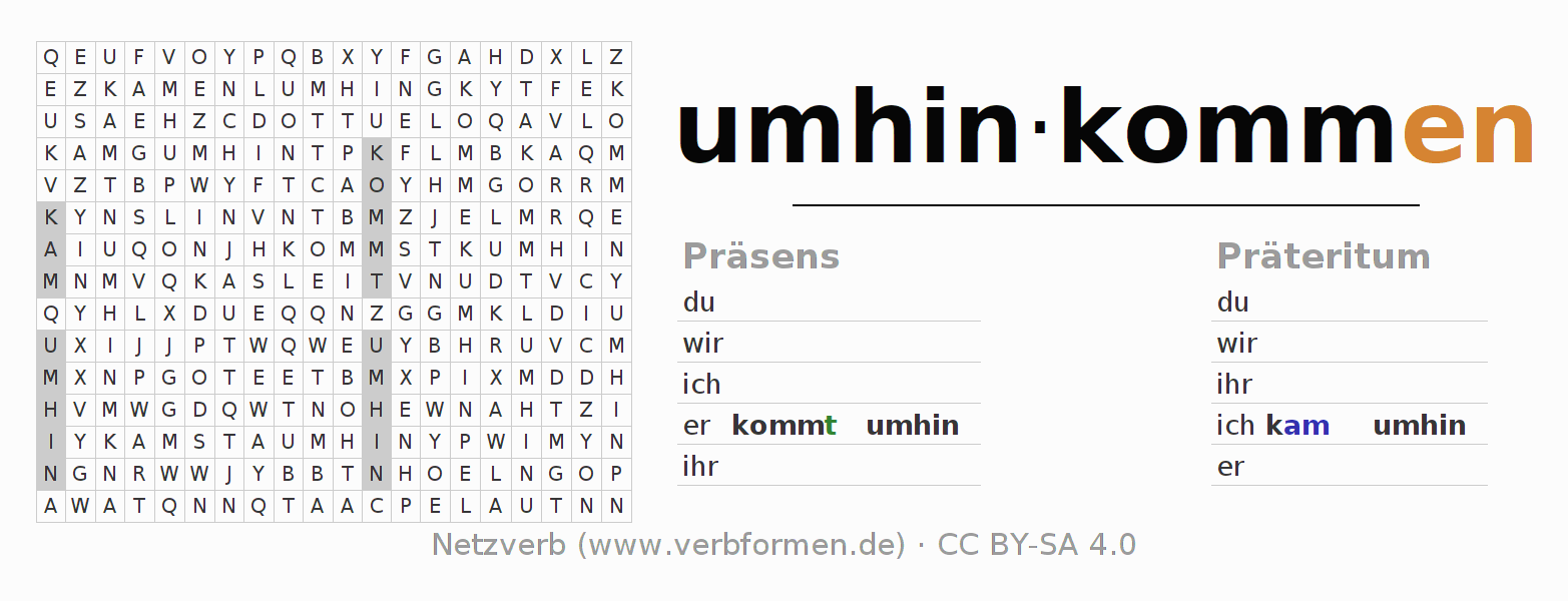 Wortsuchrätsel für die Konjugation des Verbs umhinkommen