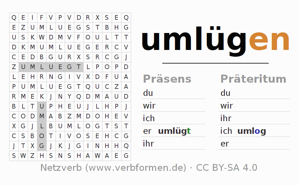 Wortsuchrätsel für die Konjugation des Verbs umlügen