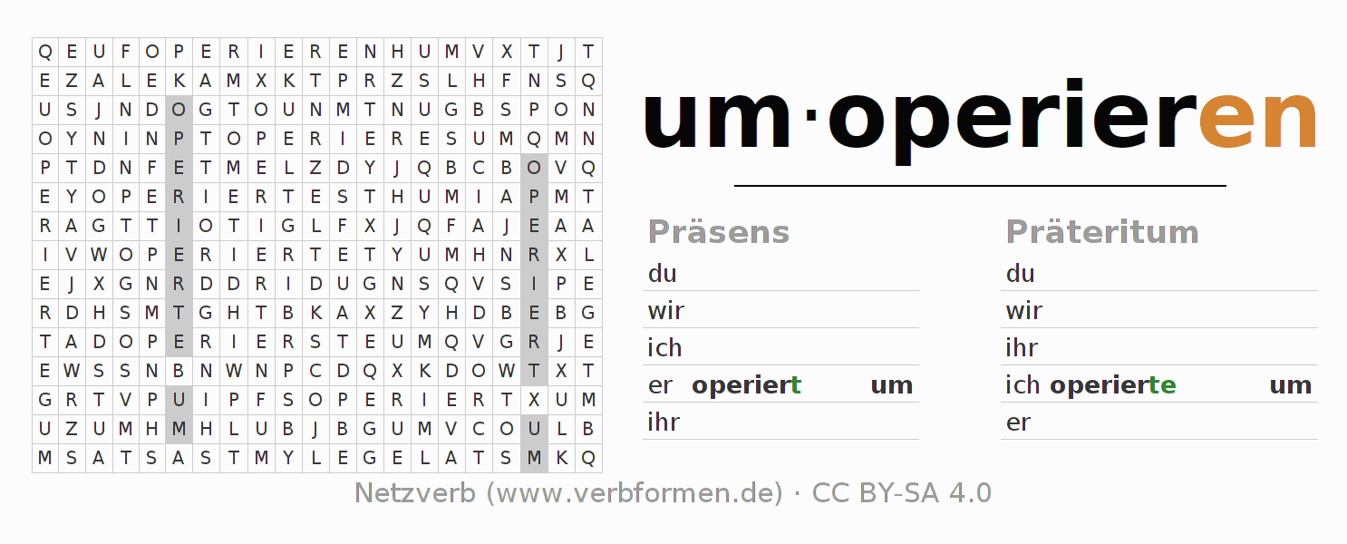 Wortsuchrätsel für die Konjugation des Verbs umoperieren