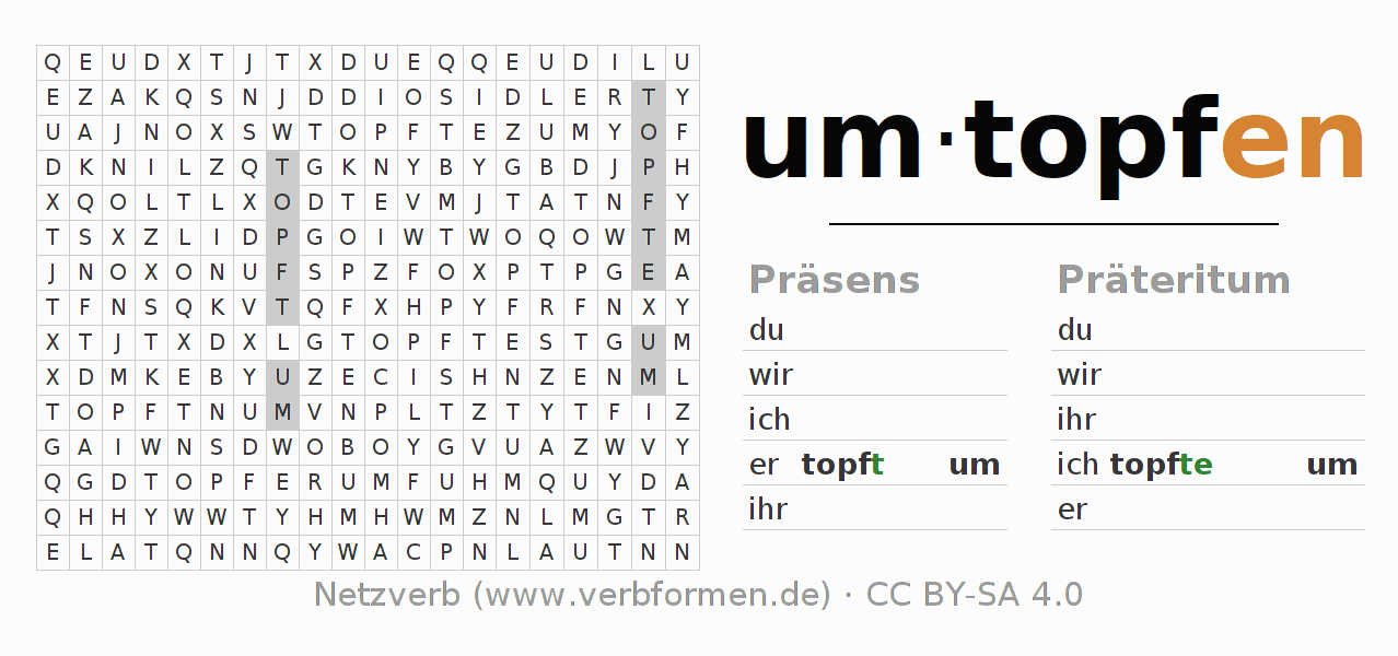 Wortsuchrätsel für die Konjugation des Verbs umtopfen