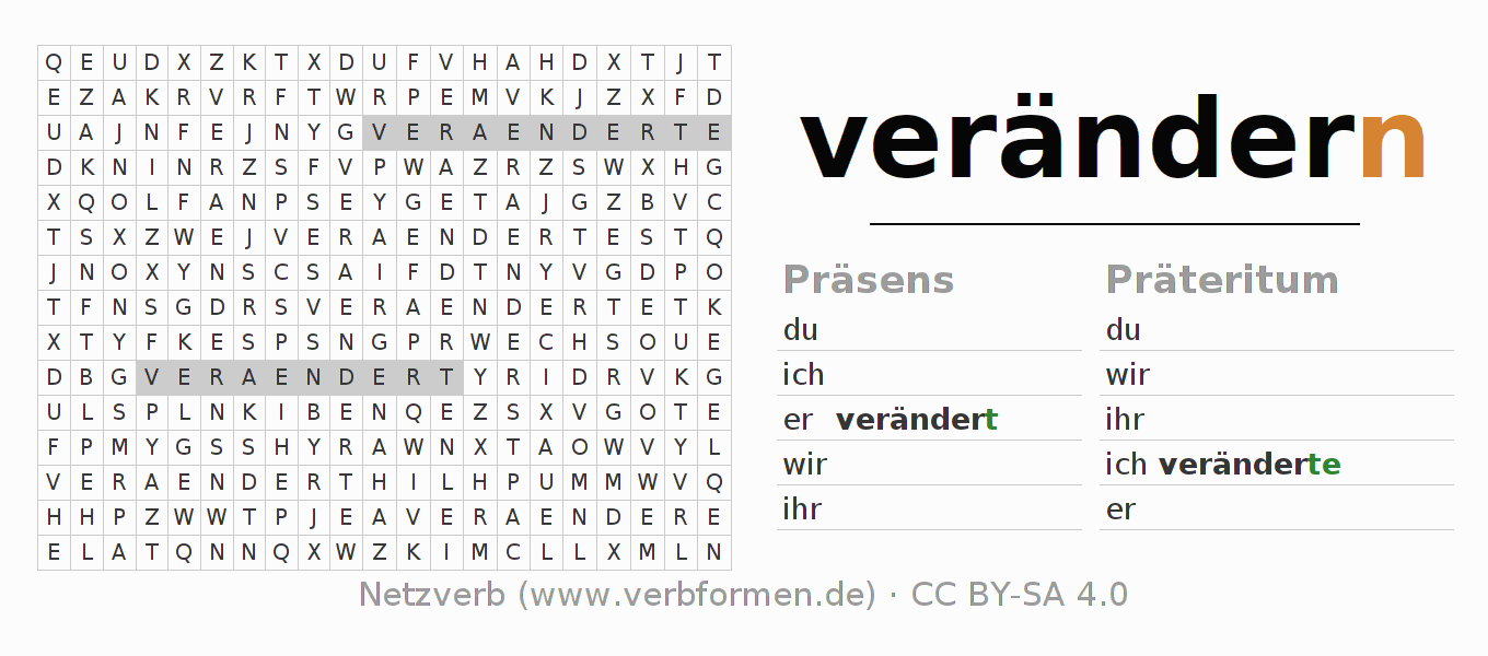 Wortsuchrätsel für die Konjugation des Verbs verändern