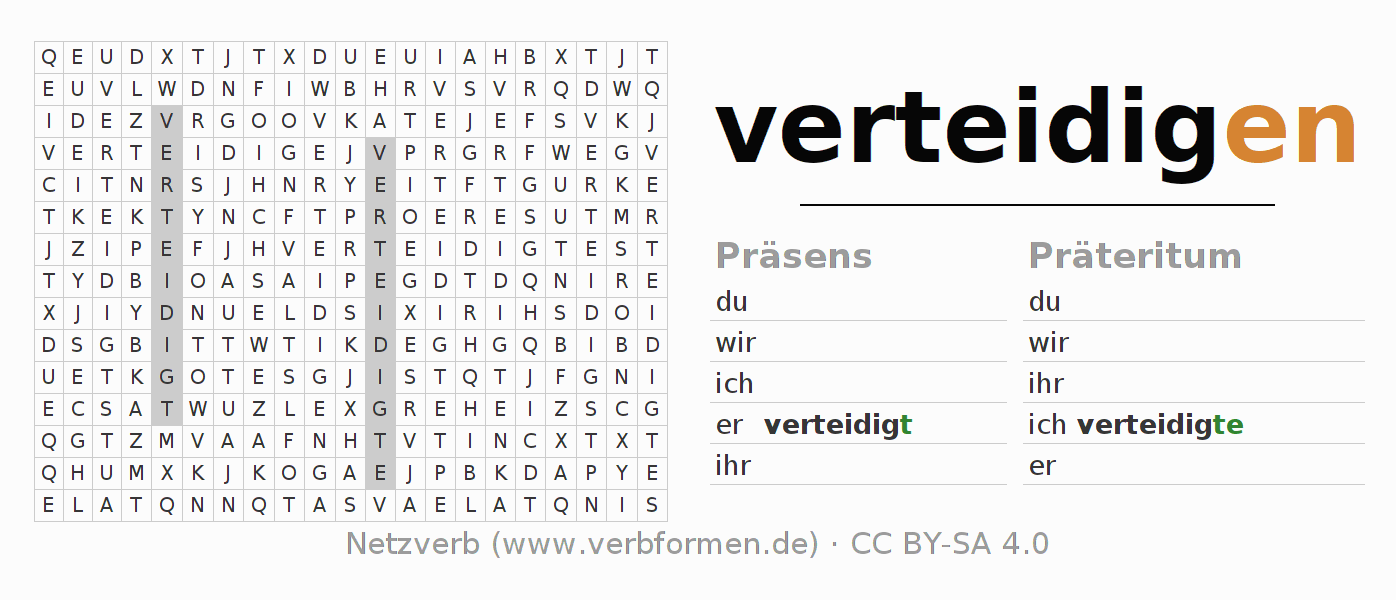 Wortsuchrätsel für die Konjugation des Verbs verteidigen