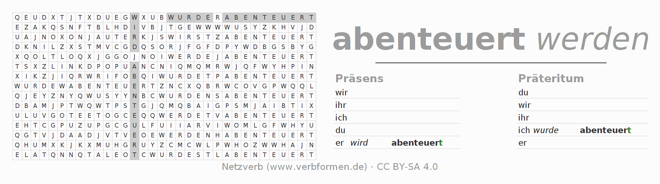 Wortsuchrätsel für die Konjugation des Verbs abenteuern