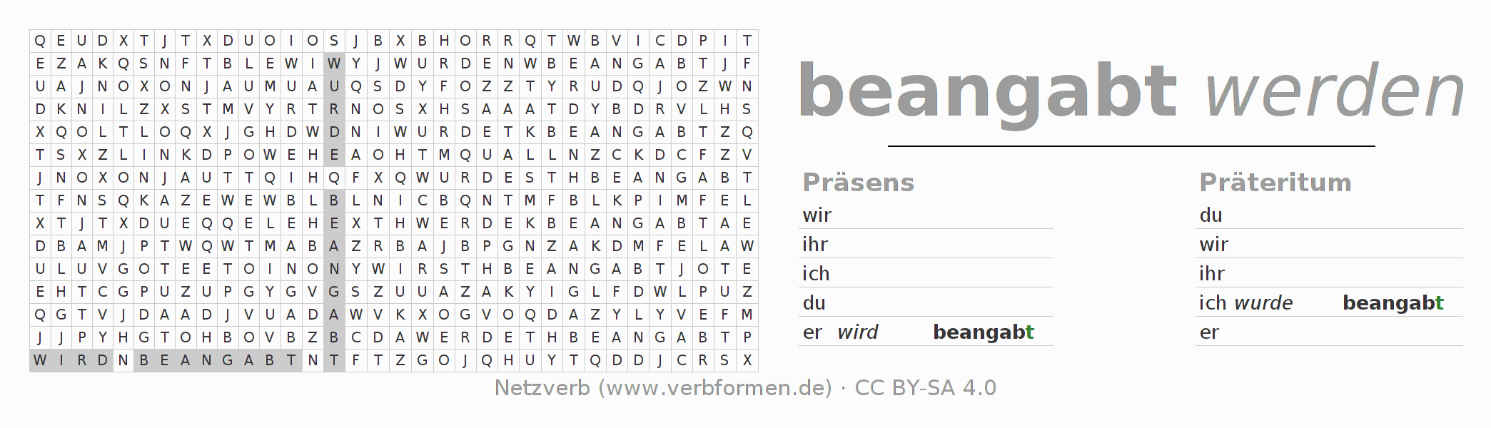 Wortsuchrätsel für die Konjugation des Verbs beangaben