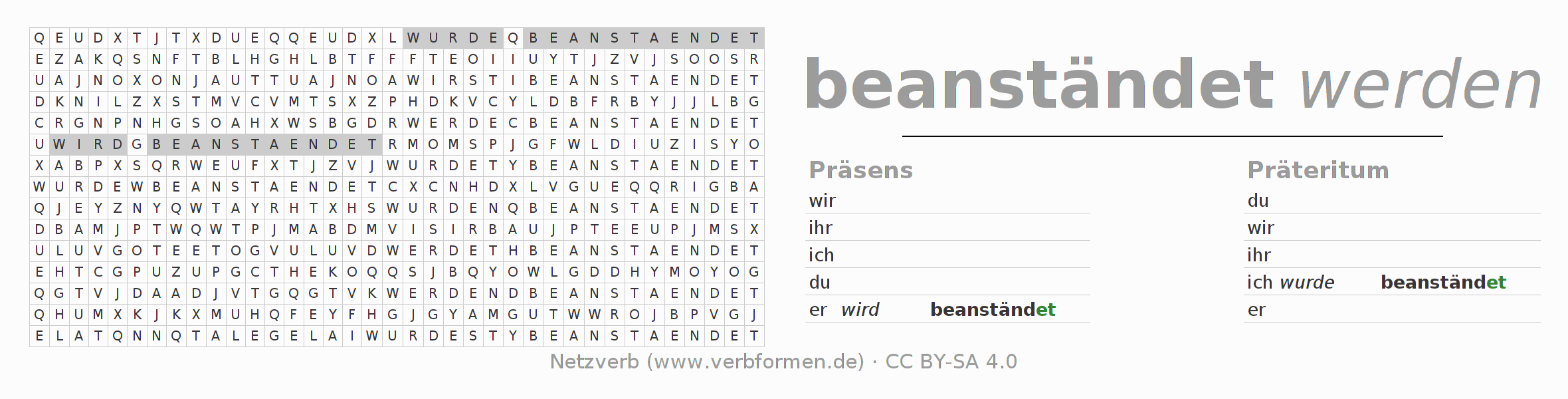 Wortsuchrätsel für die Konjugation des Verbs beanständen