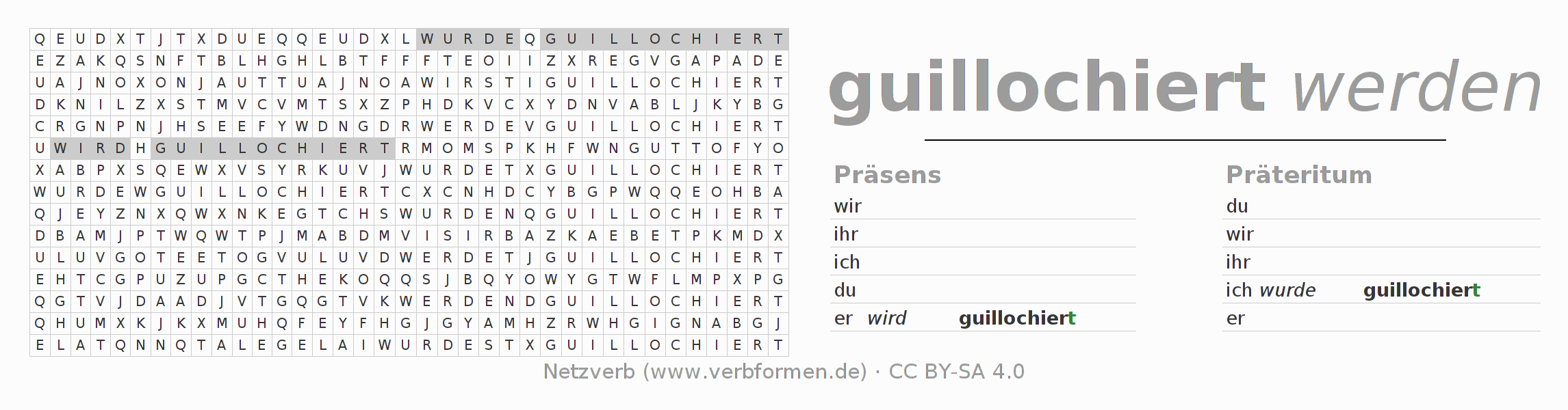 Wortsuchrätsel für die Konjugation des Verbs guillochieren