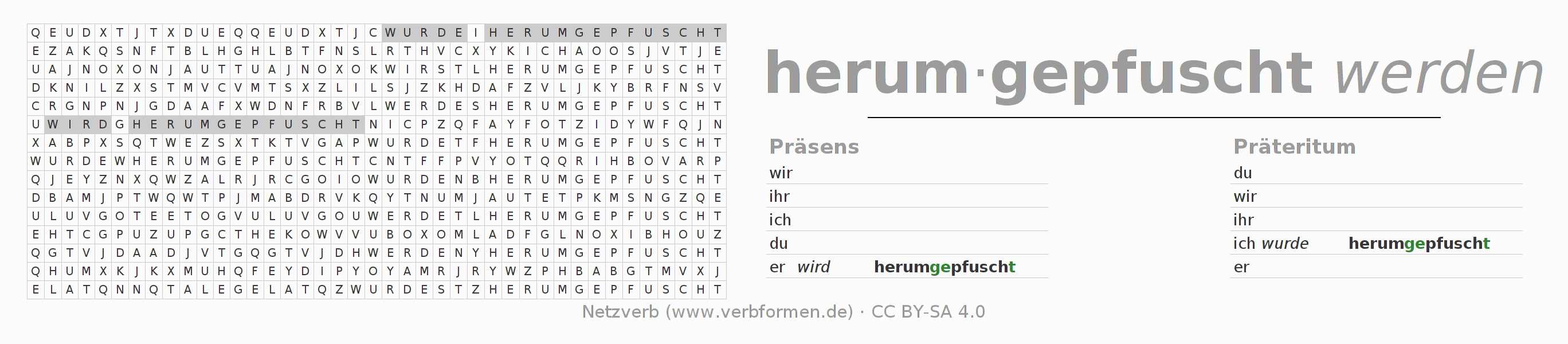 Wortsuchrätsel für die Konjugation des Verbs herumpfuschen