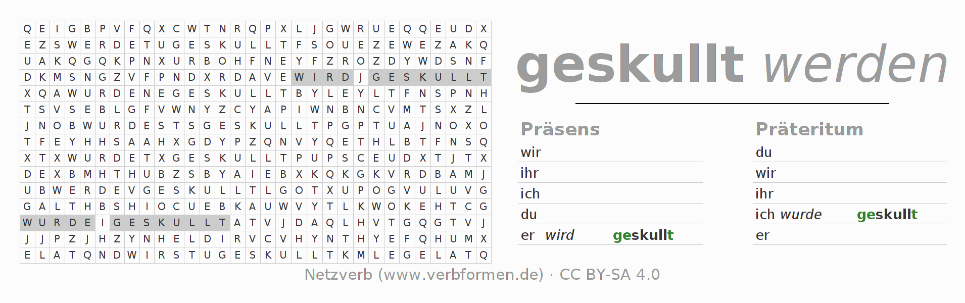 Wortsuchrätsel für die Konjugation des Verbs skullen (hat)