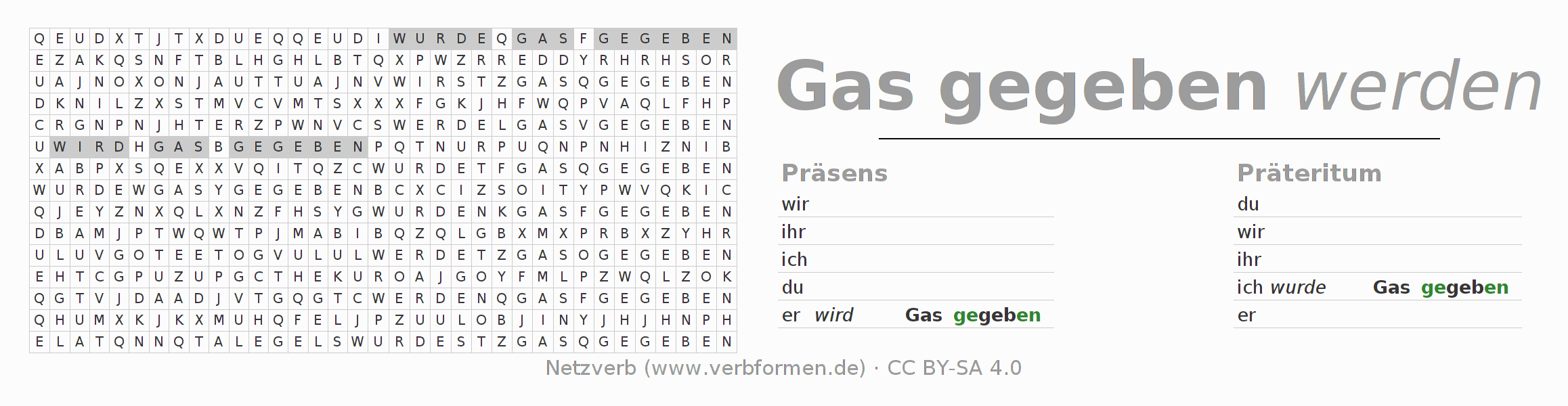 Wortsuchrätsel für die Konjugation des Verbs gasgeben