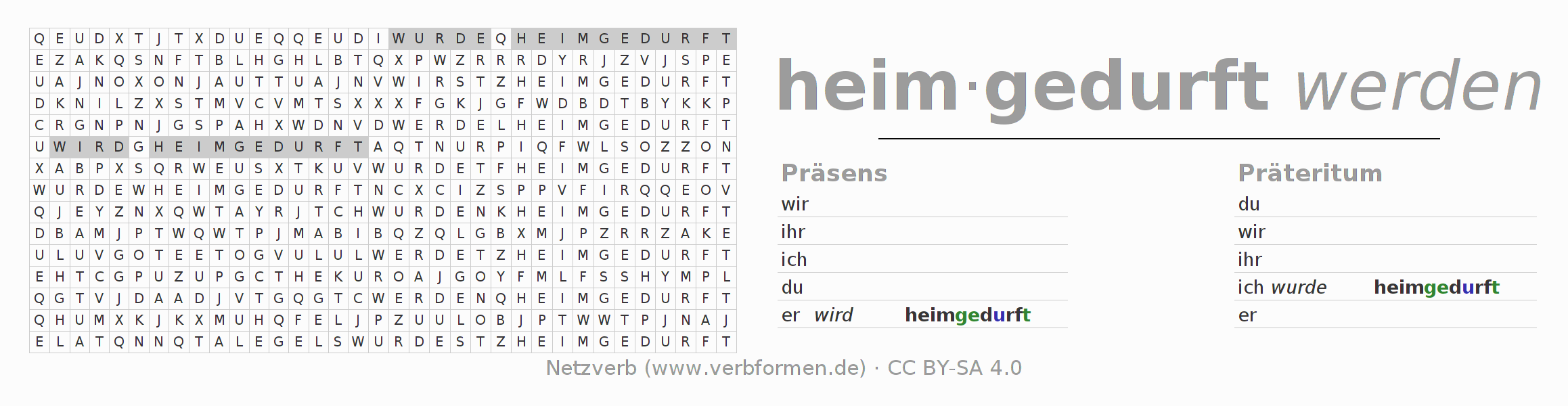 Wortsuchrätsel für die Konjugation des Verbs heimdürfen