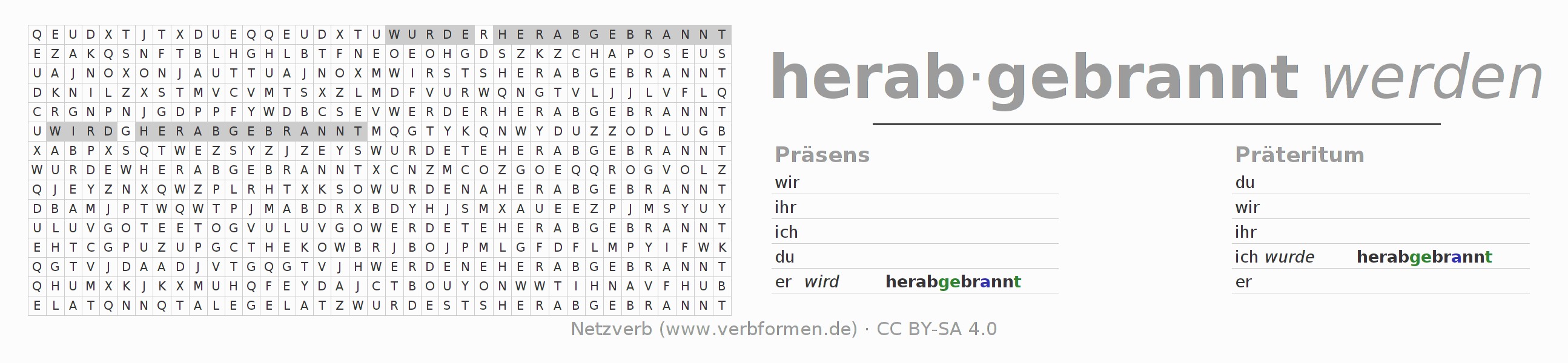 Wortsuchrätsel für die Konjugation des Verbs herabbrennen (hat)