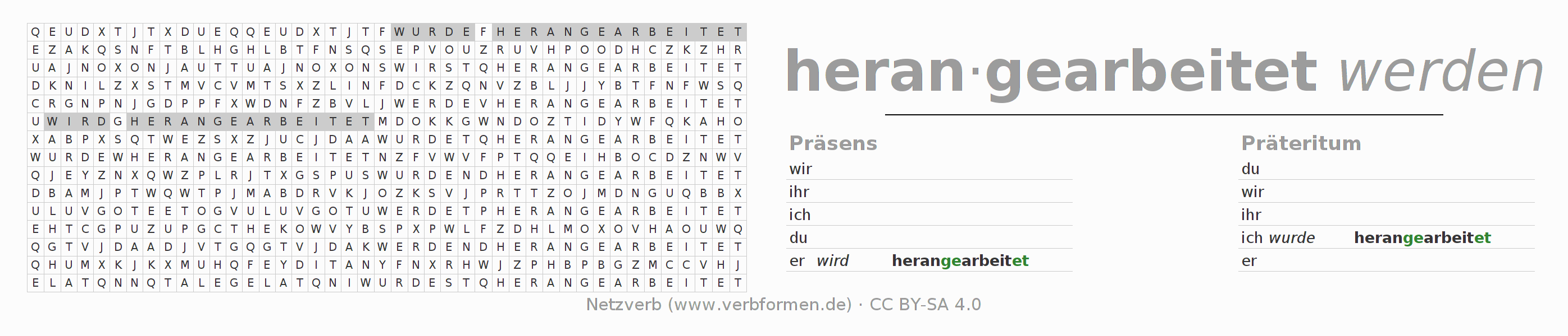 Wortsuchrätsel für die Konjugation des Verbs heranarbeiten
