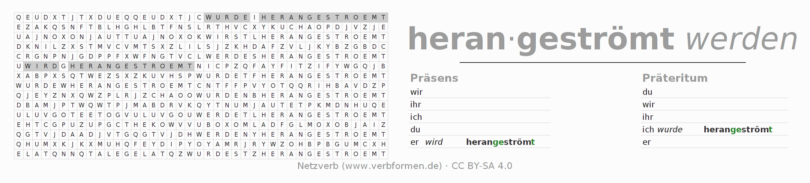 Wortsuchrätsel für die Konjugation des Verbs heranströmen