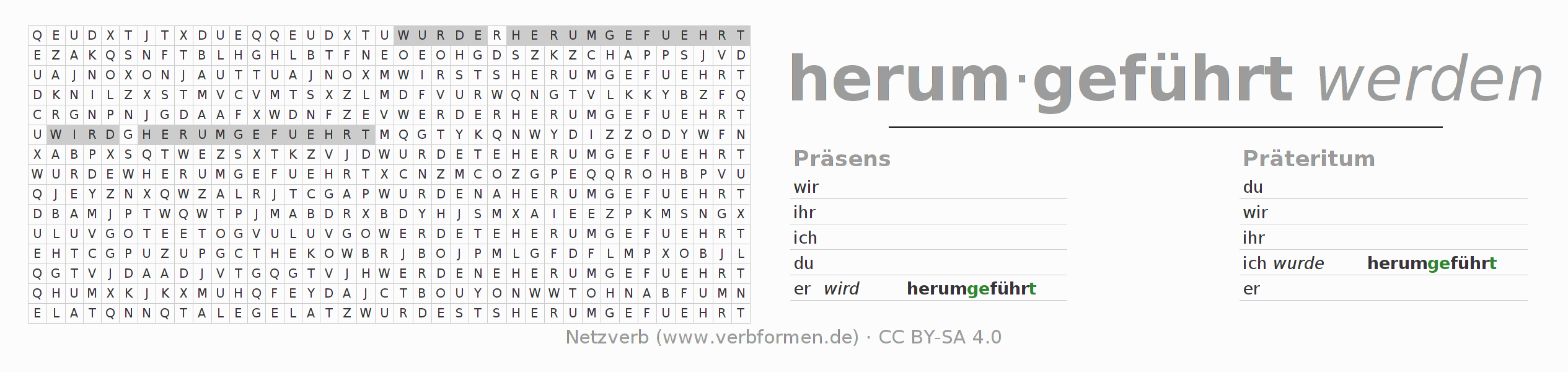 Wortsuchrätsel für die Konjugation des Verbs herumführen