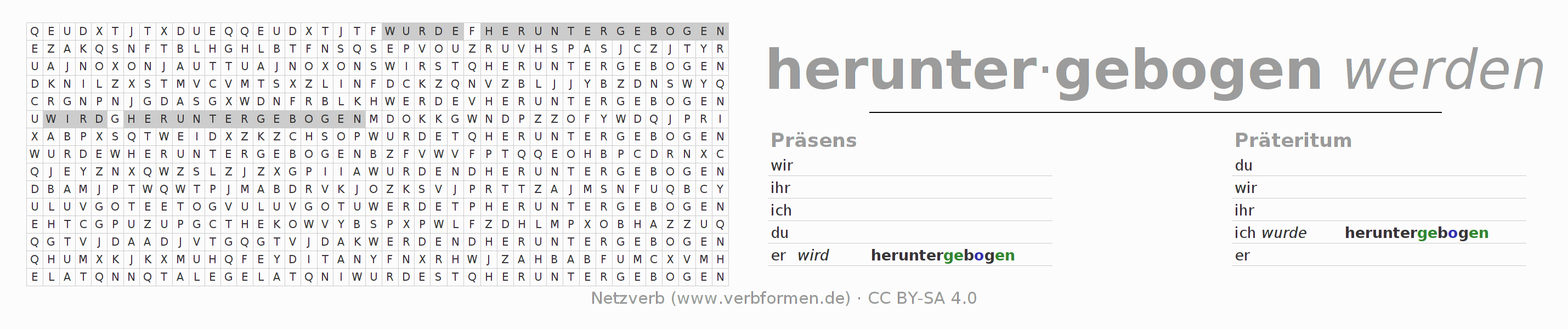 Wortsuchrätsel für die Konjugation des Verbs herunterbiegen