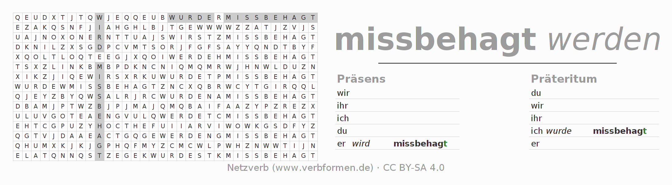 Wortsuchrätsel für die Konjugation des Verbs missbehagen