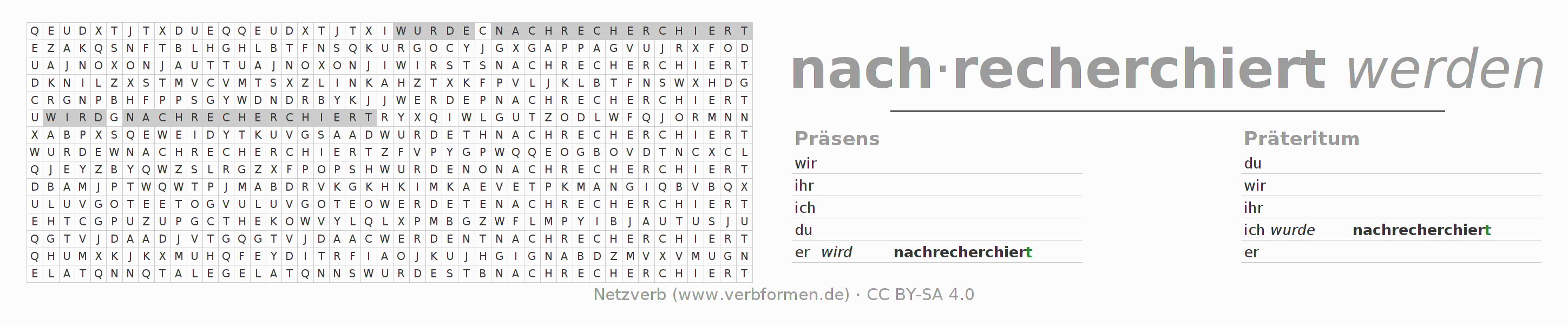 Wortsuchrätsel für die Konjugation des Verbs nachrecherchieren
