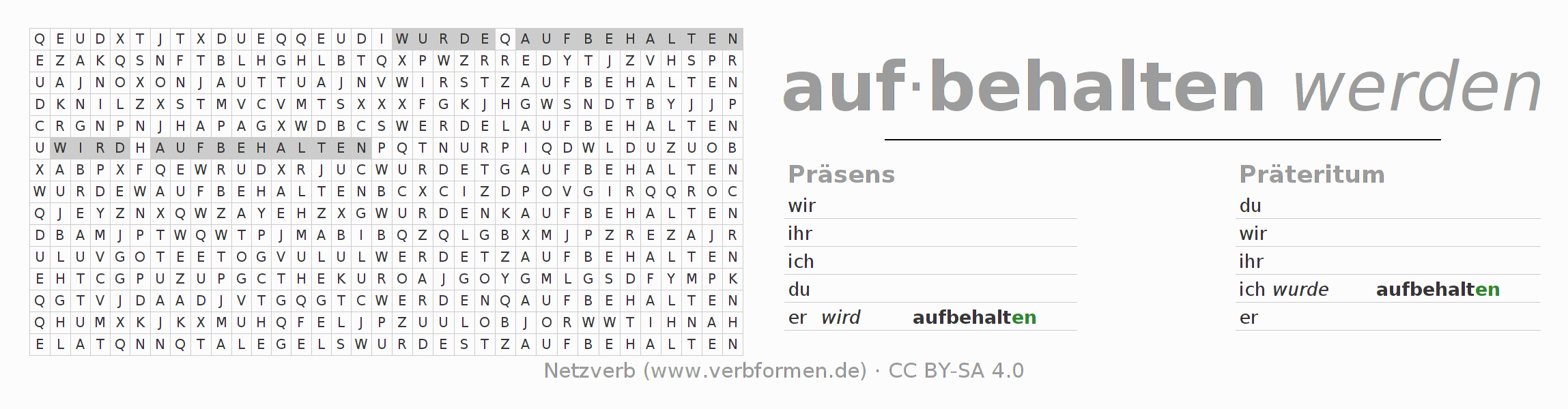 Wortsuchrätsel für die Konjugation des Verbs aufbehalten