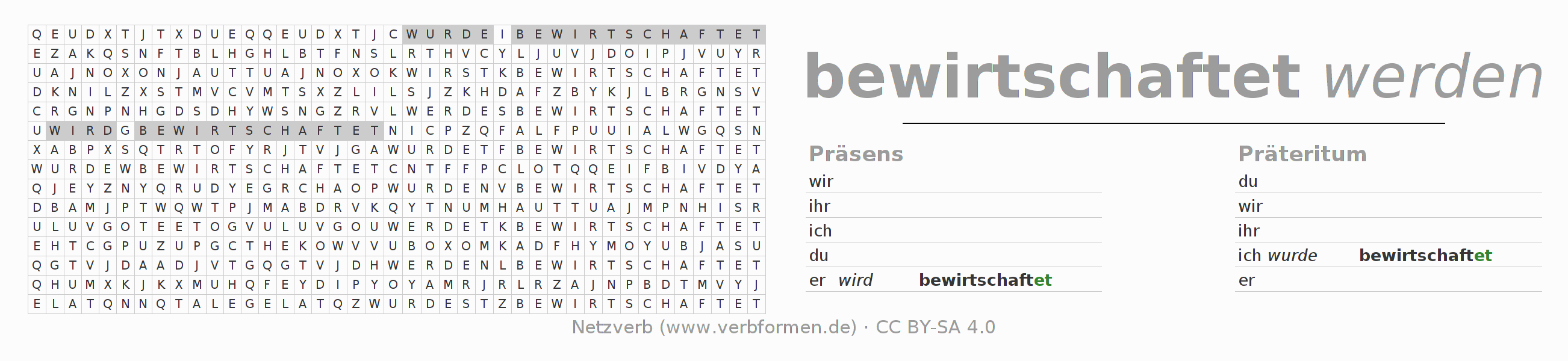 Wortsuchrätsel für die Konjugation des Verbs bewirtschaften